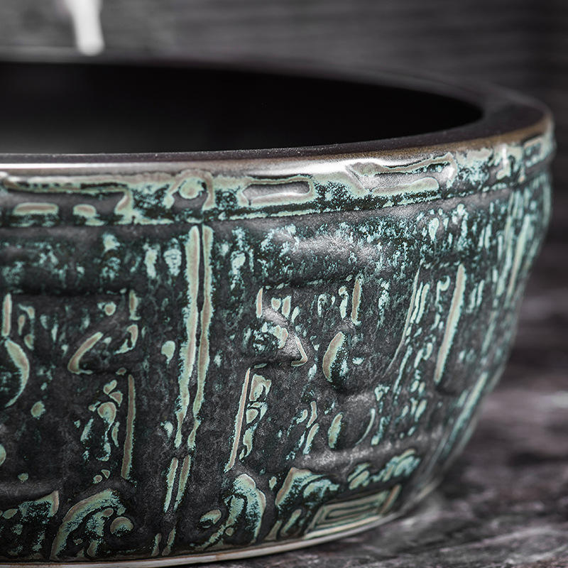Ceramic Art Lavabo Vessel Sink, Black Green Rectangular Countertop Basin, Imitation Marble Finish for Bathroom, Artistic Bowl