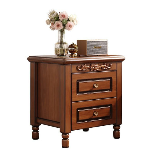 High-End Solid Wood Bedside Table, Modern Vintage Storage Nightstand with Drawers, Classic Bedroom Apartment Cabinet, Walnut Color