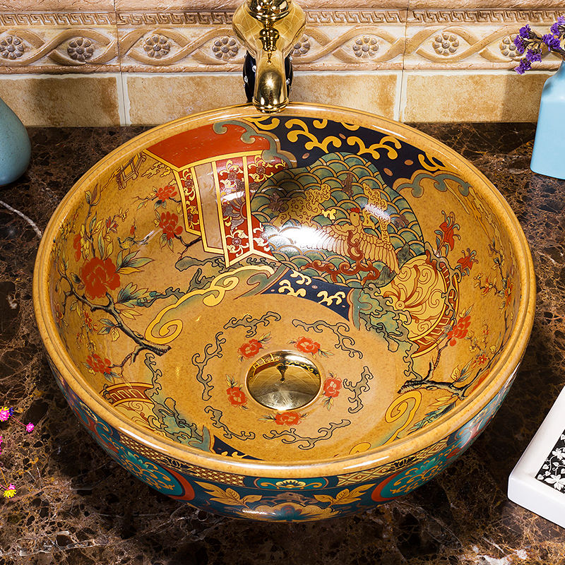 Jingdezhen Art Ceramic Bathroom Vessel Sink, Handcrafted Countertop Washbasin, Luxury China Bowl