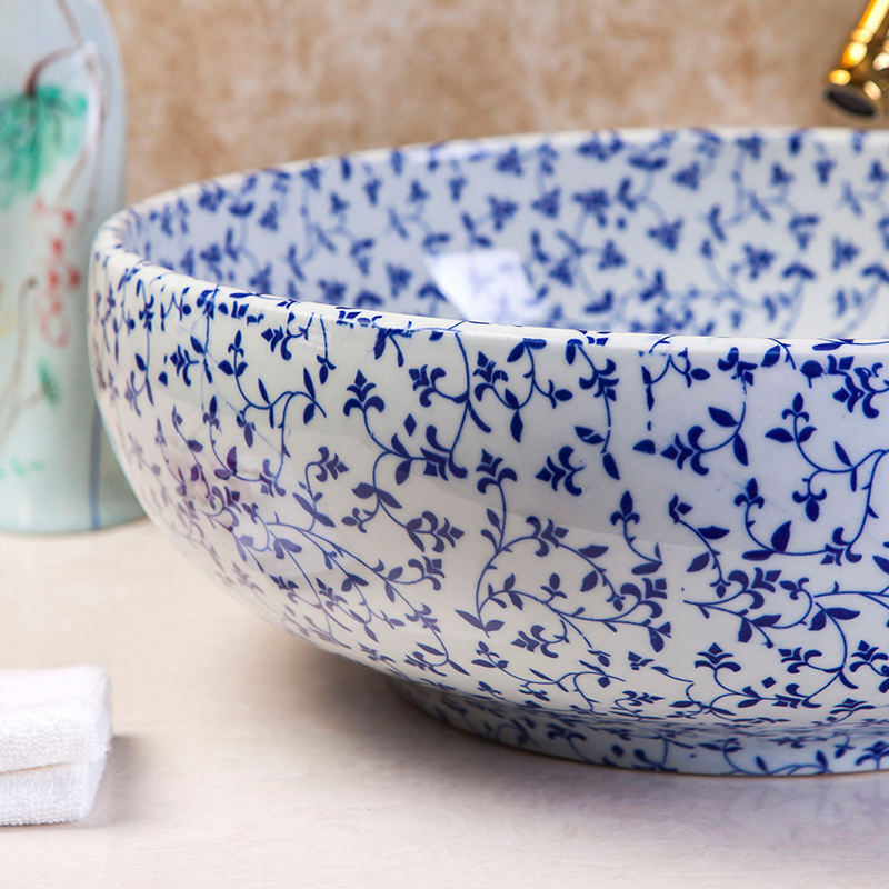 Blue and White Lotus Branch Ceramic Art Bathroom Sink, Porcelain Round Above Counter Lavabo Wash Basin, Artistic Vessel