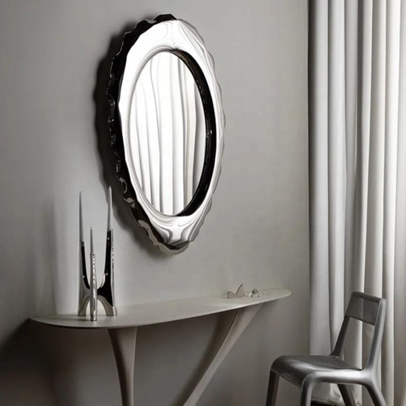 Modern Irregular Oval Wall Mirror – Stainless Steel Frame, Decorative Designer Mirror for Dressing Room, Living Room, Entryway, Metal Art Accent