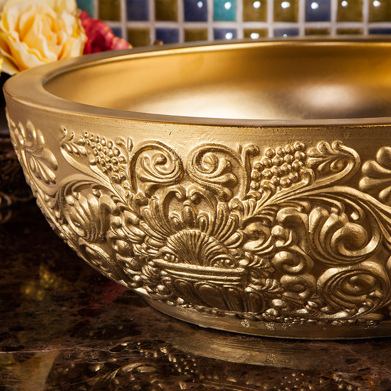 Golden Vintage Carved Art Ceramic Wash Basin, Luxury Embossed Countertop Round Bathroom Sink Bowl – Gold