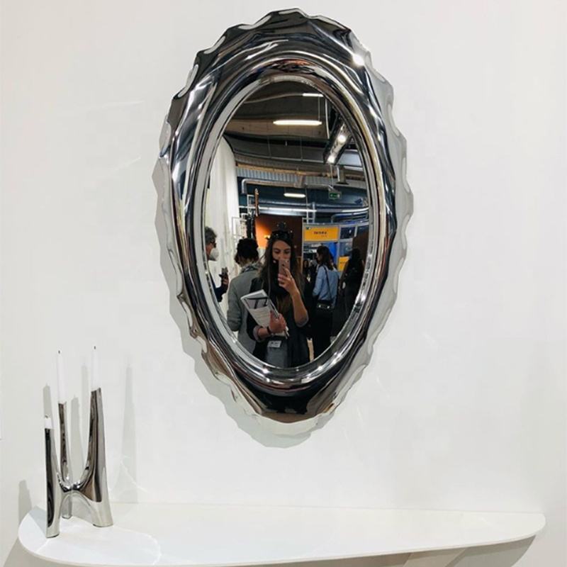 Modern Irregular Oval Wall Mirror – Stainless Steel Frame, Decorative Designer Mirror for Dressing Room, Living Room, Entryway, Metal Art Accent