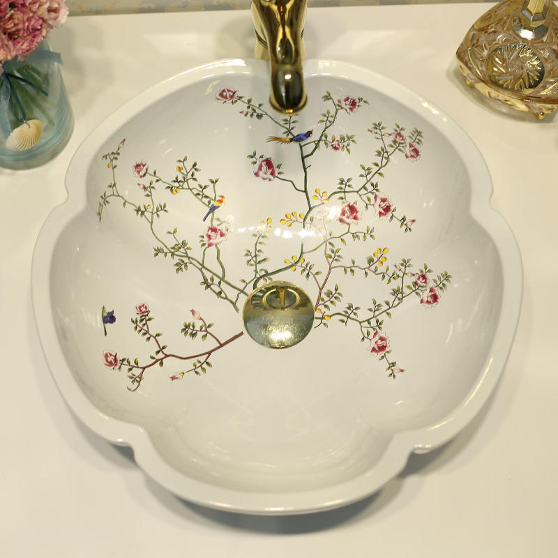 Flower Shaped White Ceramic Art Basin, Hand-Painted Flower & Bird Pattern Porcelain Bathroom Sink, Face Washing Countertop Washbasin