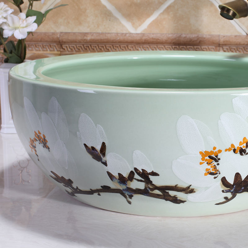 Hand Painted Glaze Pea Green Round Art Basin, Plum Blossom Ceramic Countertop Bathroom Sink