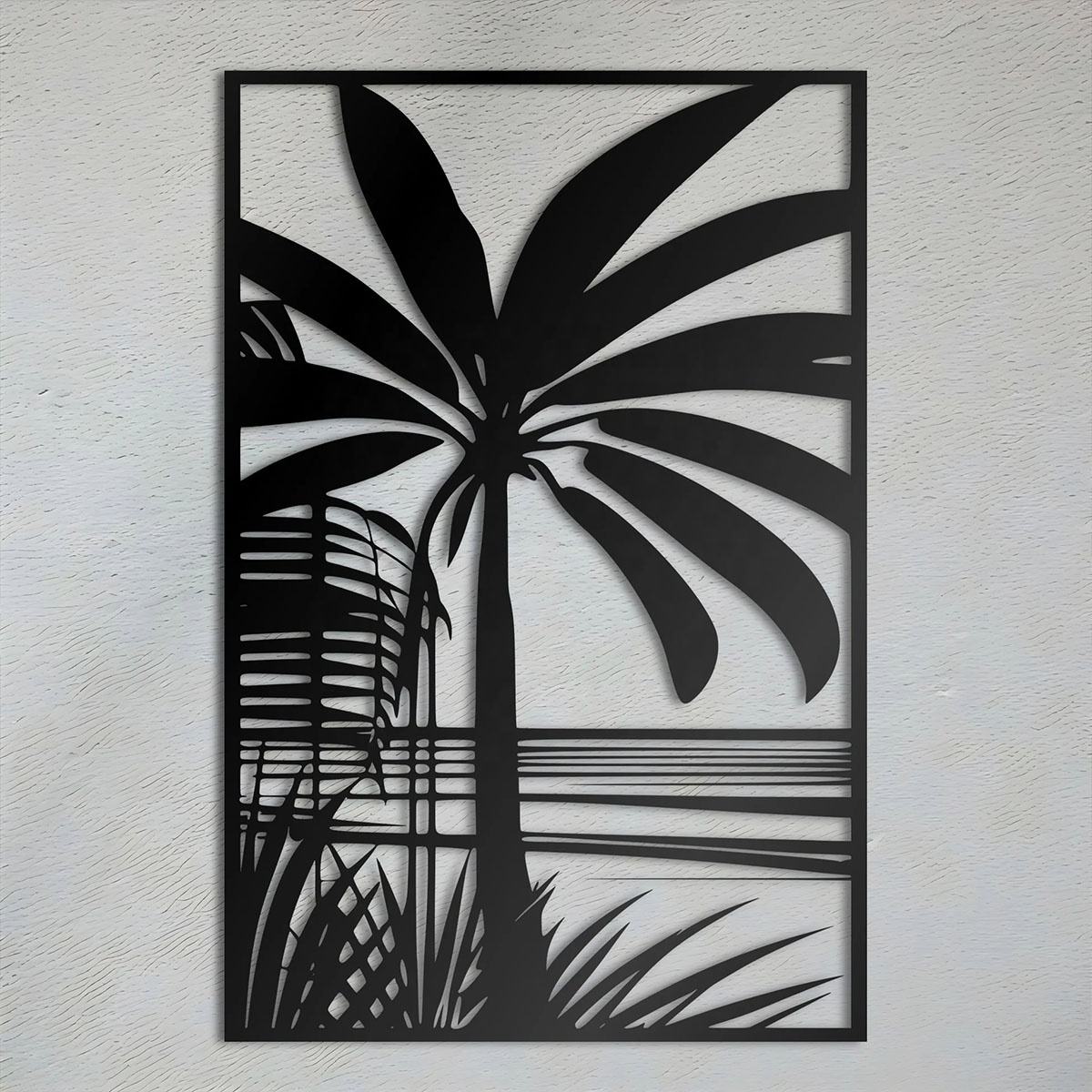 Tropical Palm Tree Metal Wall Art – Modern Silhouette Seascape Wall Decor, Black Tropical Nature Panel for Living Room, Bedroom, Office