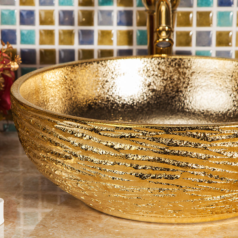 Gold Porcelain Art Wash Basin, Handcrafted Ceramic Lavabo Sink, Luxury Countertop Bathroom Vessel