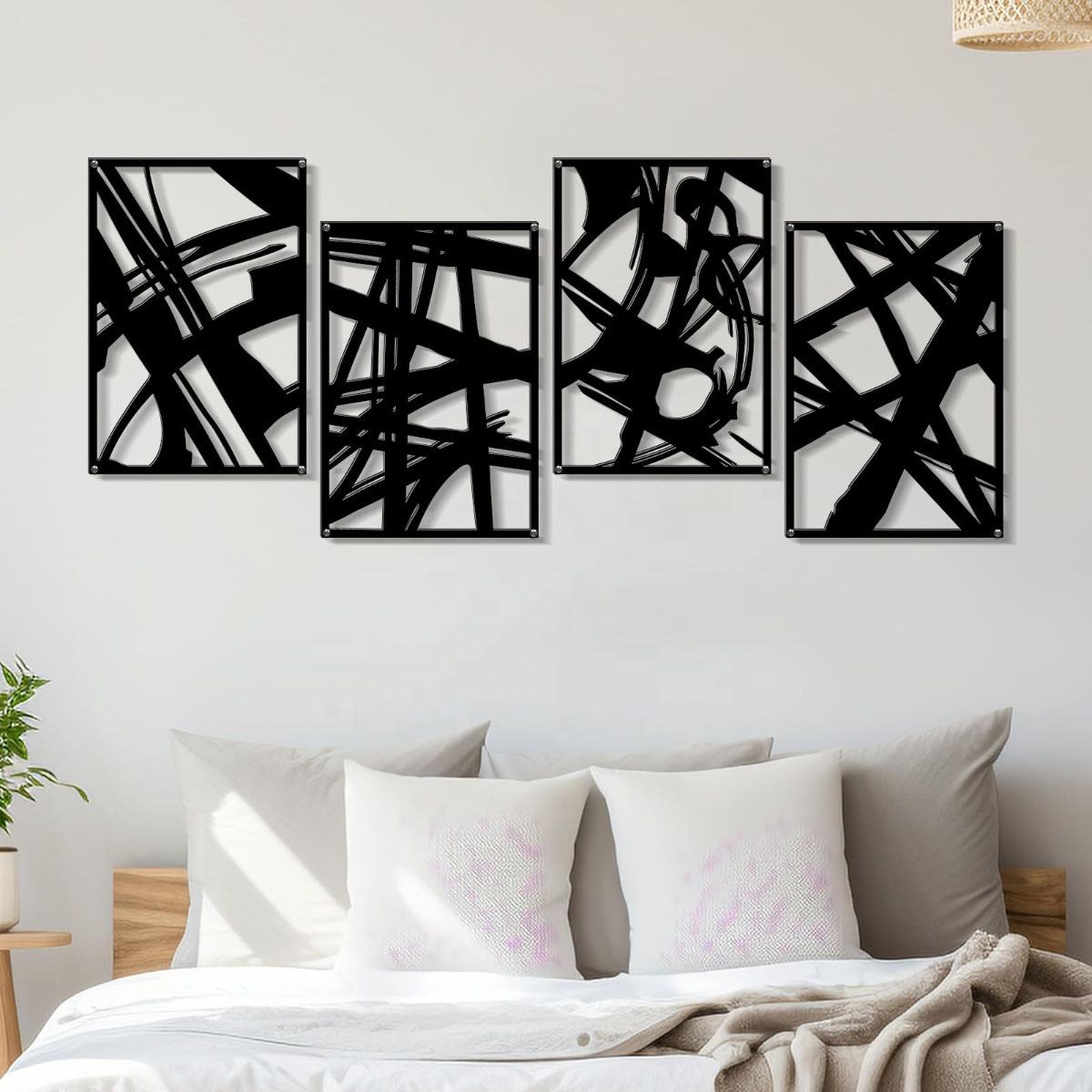 Modern Abstract Metal Wall Art Set of 4 – Handicraft Metal Frames, Contemporary Wall Hanging Decor, Large Geometric Art Panels for Living Room, Bedroom