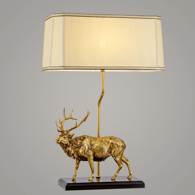 Luxury Animal Sculpture Table Lamp, Handcrafted Dewax Copper and Marble Base, Designer Stag Accent with Cream Fabric Shade