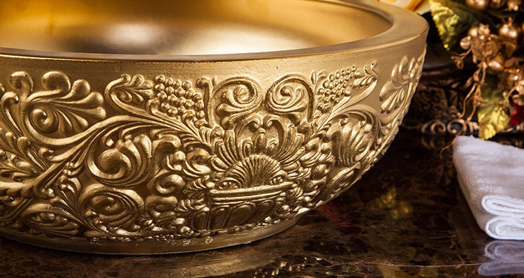 Golden Vintage Carved Art Ceramic Wash Basin, Luxury Embossed Countertop Round Bathroom Sink Bowl – Gold