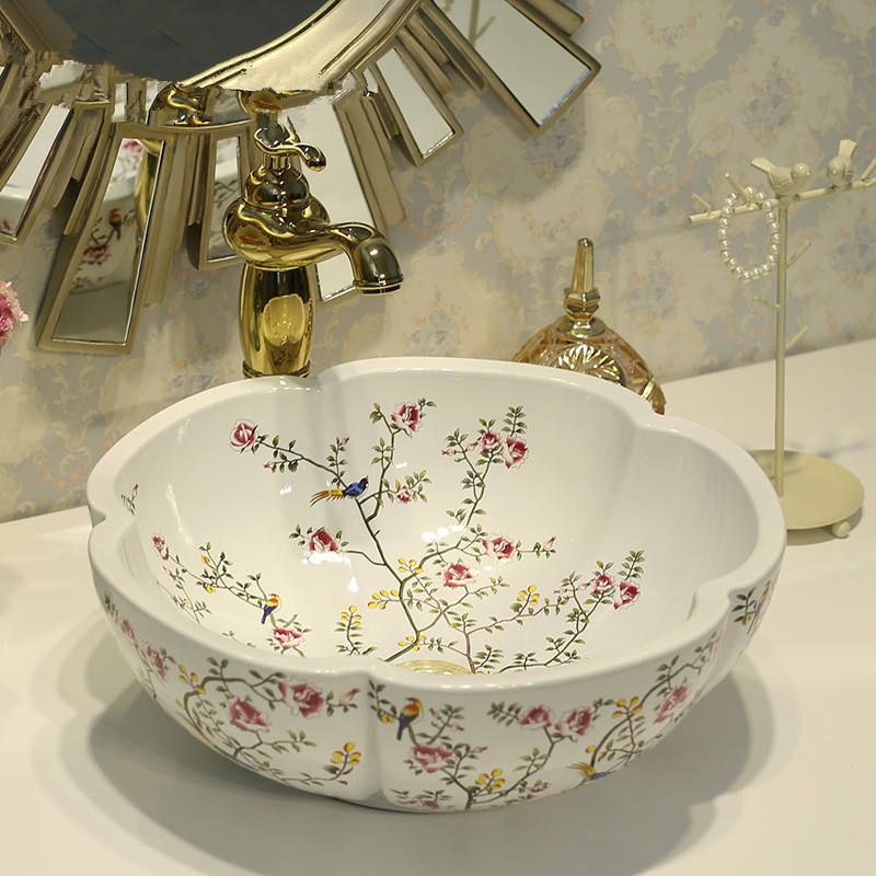 Flower Shaped White Ceramic Art Basin, Hand-Painted Flower & Bird Pattern Porcelain Bathroom Sink, Face Washing Countertop Washbasin