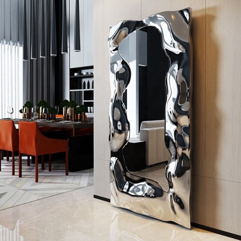 Modern Artistic Rectangle Metal Mirror – Unique Abstract Stainless Steel Wall Art, Luxury Decorative Full-Length Mirror for Living Room, Bedroom, Entryway