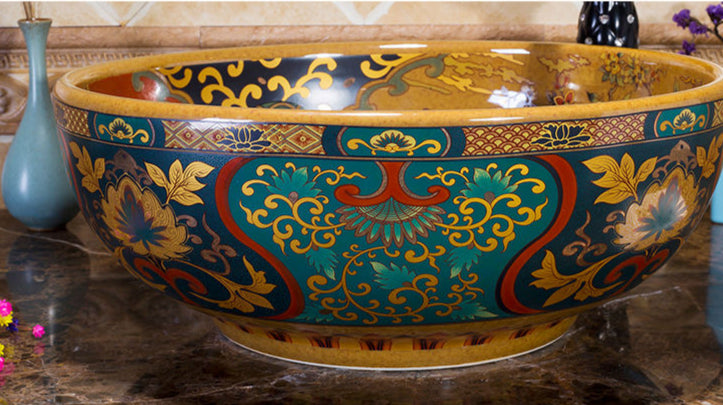Jingdezhen Art Ceramic Bathroom Vessel Sink, Handcrafted Countertop Washbasin, Luxury China Bowl