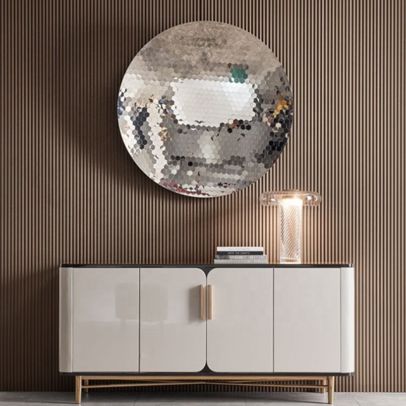 Modern Electroplated Stainless Steel Circular Wall Mirror – Hexagon Pattern Metal Art, Custom Large Decorative Wall Hanging for Living Room, Office, Restaurant