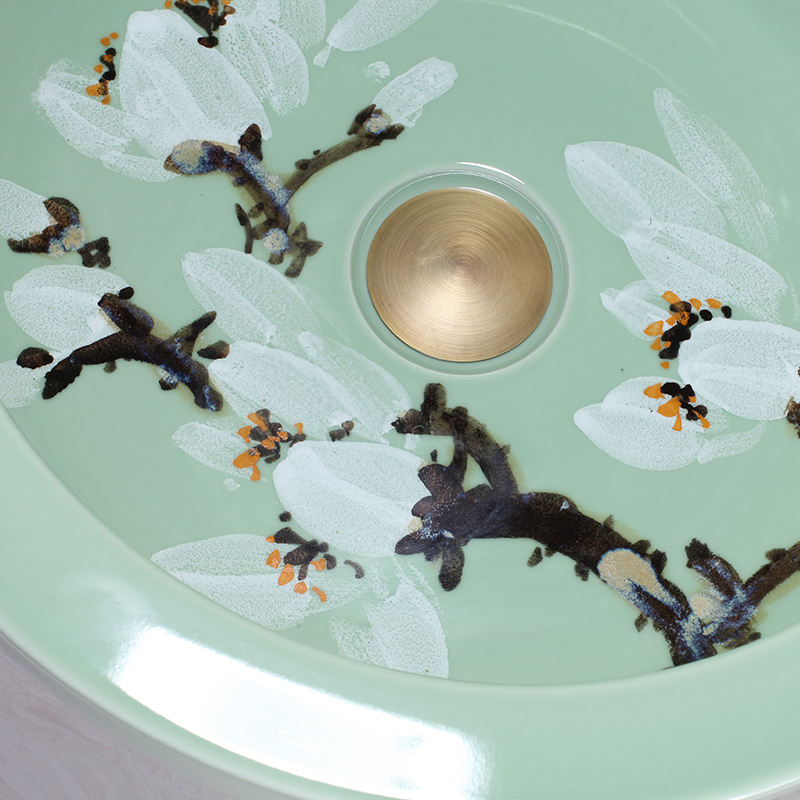 Hand Painted Glaze Pea Green Round Art Basin, Plum Blossom Ceramic Countertop Bathroom Sink