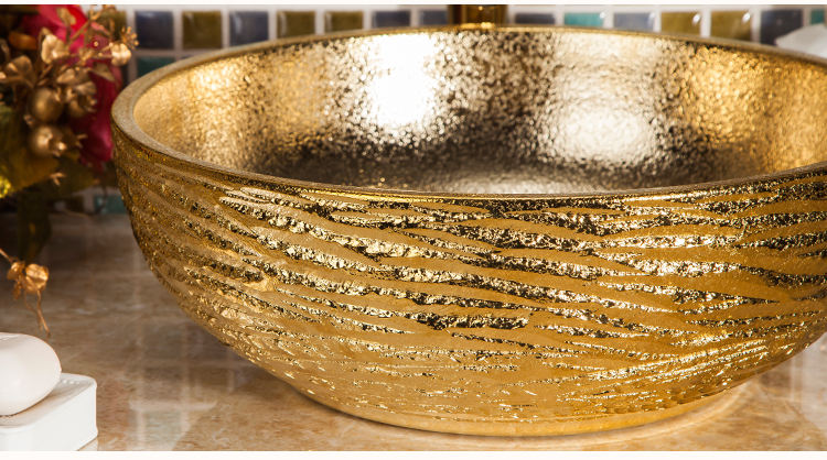 Gold Porcelain Art Wash Basin, Handcrafted Ceramic Lavabo Sink, Luxury Countertop Bathroom Vessel