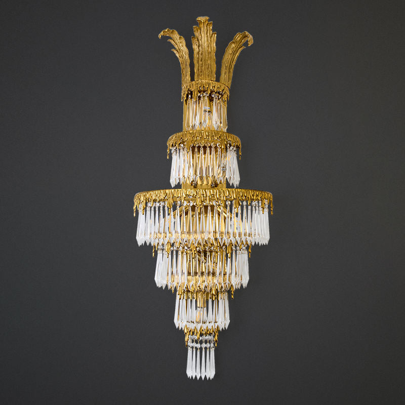 Luxury Brass Crystal Wall Sconce, Modern Tall Wall Mounted Lamp for Hotel, Restaurant, or Home Hall with USB Option