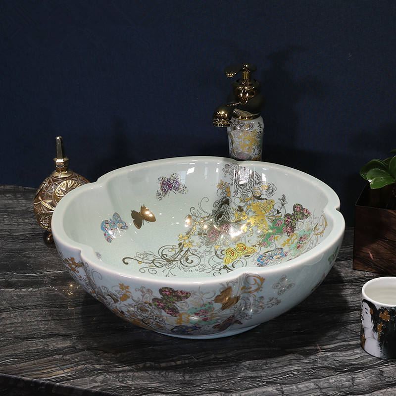 Flower Shaped Ceramic Vessel Sink, Butterfly Garden Art Basin with Gold Accents – Luxury Countertop Bathroom Washbasin