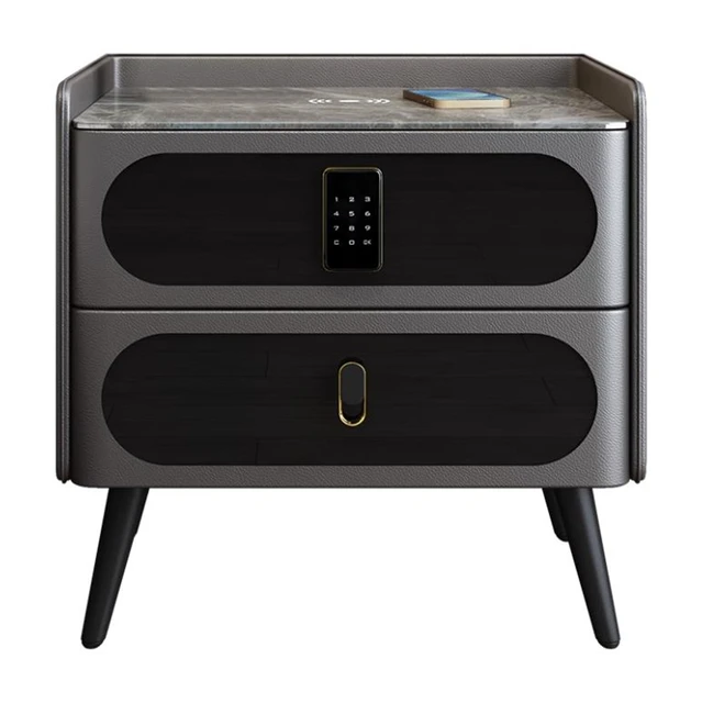 Smart nightstand with wireless charger & keypad safety lock premium leather finish with marble stone top