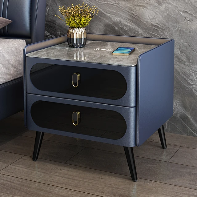 Smart nightstand with wireless charger & keypad safety lock premium leather finish with marble stone top