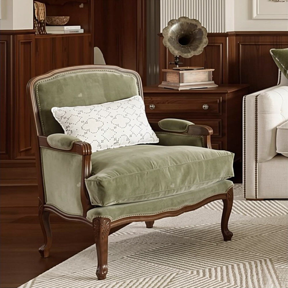 Green Velvet Accent Chair, French Style Solid Wood Armchair with Nailhead Trim, Oversized Single Sofa Chair for Living Room, Bedroom, Reading Nook, Lounge, Office