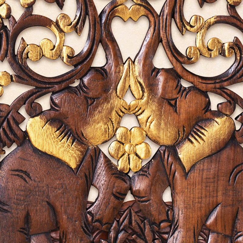 Double Elephant Wall Art – Hand-Carved Teak Wood Decorative Panel, Southeast Asian Floral Craft Home Wall Hanging for Living Room, Bedroom, Entryway