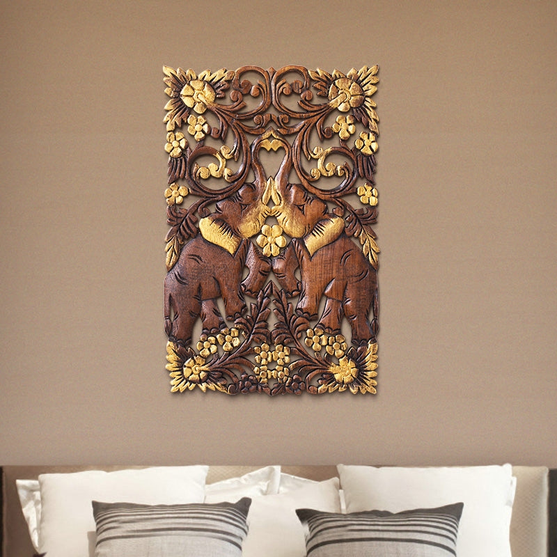 Double Elephant Wall Art – Hand-Carved Teak Wood Decorative Panel, Southeast Asian Floral Craft Home Wall Hanging for Living Room, Bedroom, Entryway
