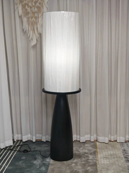 Minimalist Designer Floor Lamp, Tall Fabric & Wood Cylinder Standing Light for Hotel, Living Room, or Artistic Boutique Décor