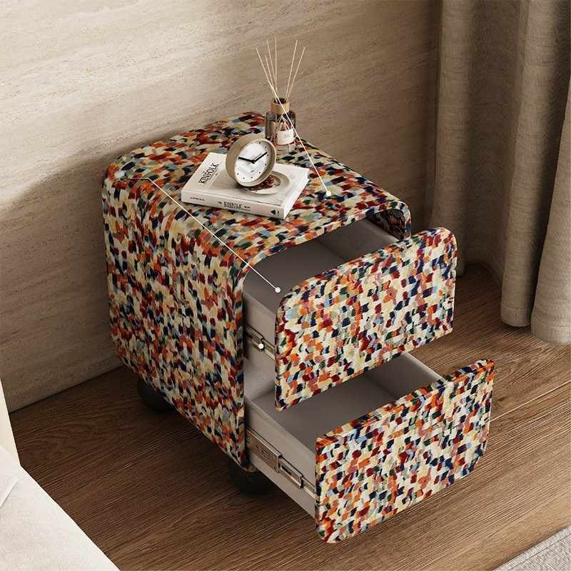 Designer Rainbow Terrazzo Leather Nightstand – Colorful Mosaic Pattern Bedside Table with Storage, Contemporary 2-Drawer Cabinet for Modern Bedroom