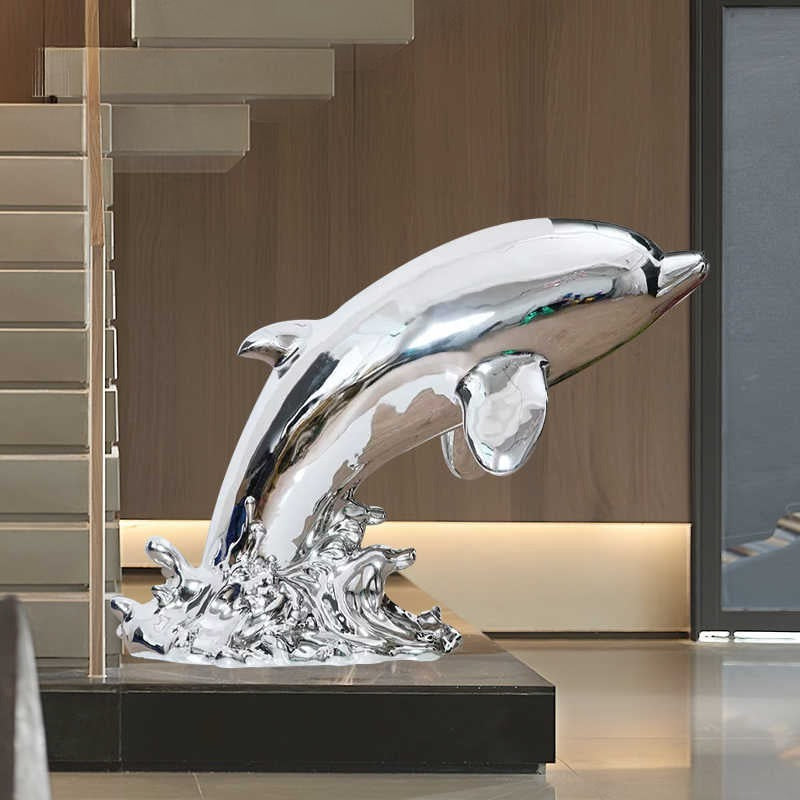 Modern Chrome Dolphin Sculpture, Large Fiberglass Electroplated Whale Art for Hotel Lobby, Showroom & Wall Display, Premium Marine Life Decor