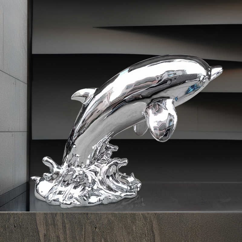 Modern Chrome Dolphin Sculpture, Large Fiberglass Electroplated Whale Art for Hotel Lobby, Showroom & Wall Display, Premium Marine Life Decor