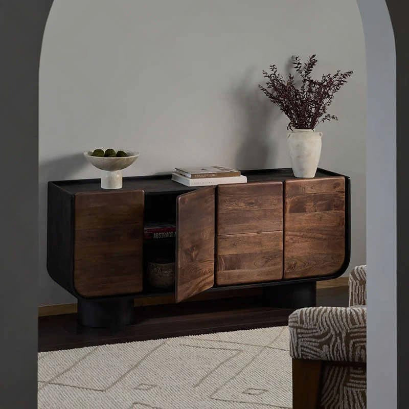 Vintage Solid Wood Sideboard Buffet Cabinet, Mid-Century Modern Entryway Shoe Storage Console, Rustic Living Room
