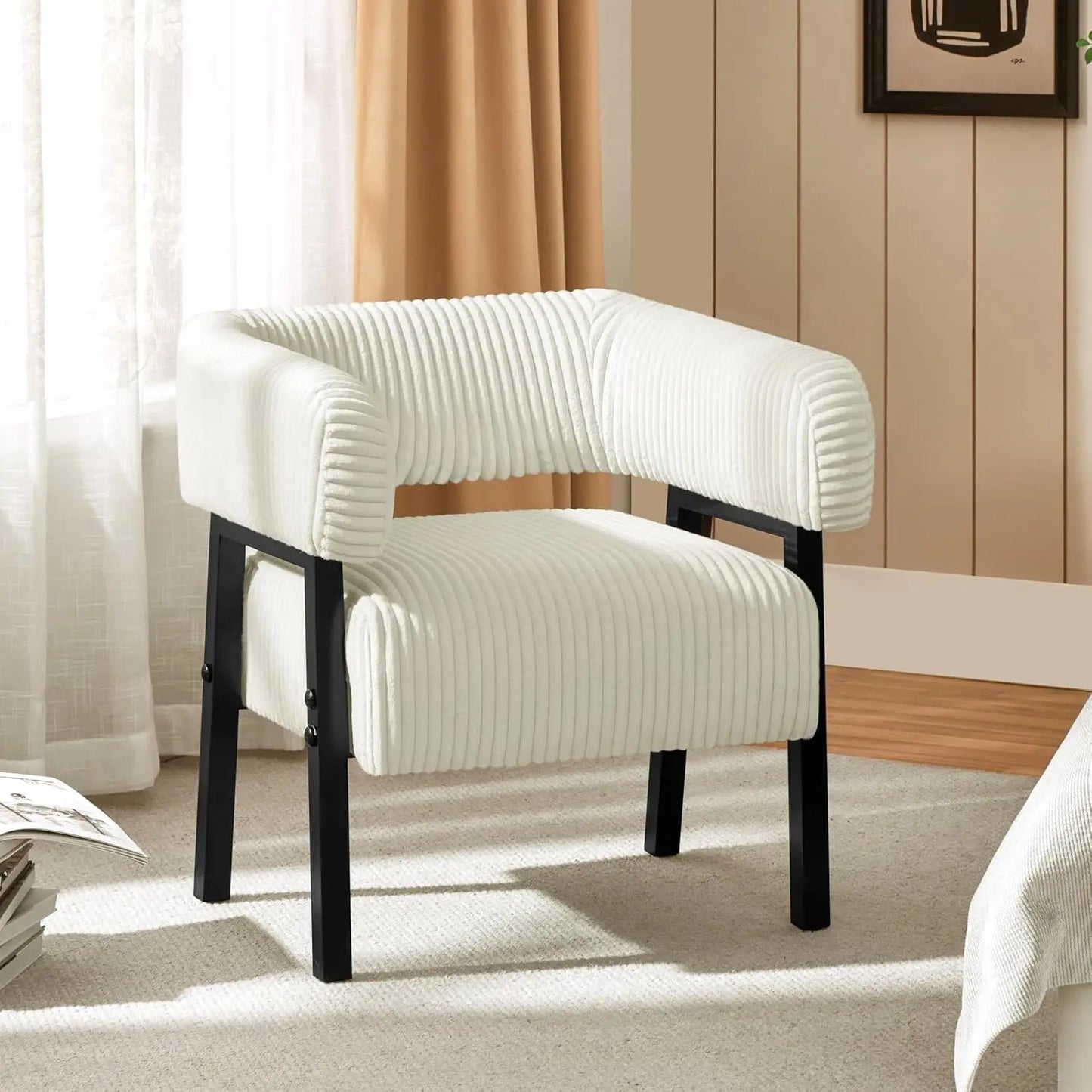Ivory Corduroy Barrel Accent Chair with Black Solid Wood Legs