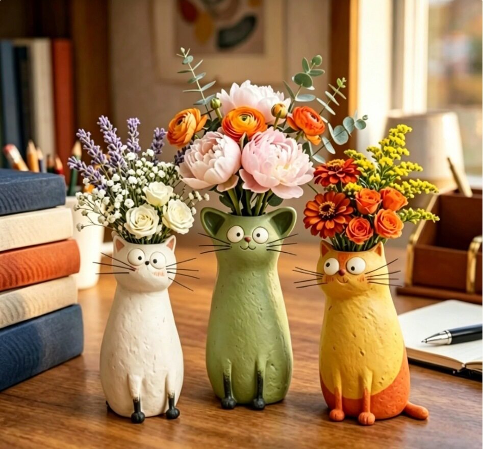 White Cat Vase, Whimsical Resin Flower Planter for Tabletop Décor