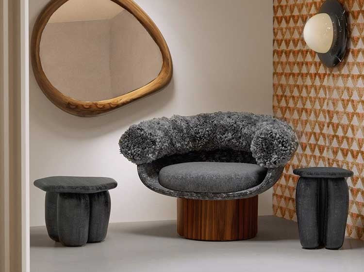 Gray Boucle Barrel Accent Chair with Curved Back and Wood Pedestal Base