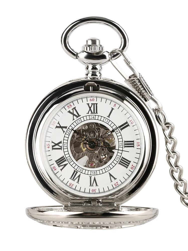 Silver Mechanical Skeleton Pocket Watch, Roman Numeral Gear Dial Hand Wind Pendant Watch with Chain, Vintage Steampunk Pocket Watch for Men, Women, Collectors, Gift