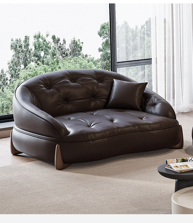Dark Brown Top-Grain Leather Oversized Accent Chair, Deep-Seat Button-Tufted Barrel Lounge Chair with Solid Larch Wood Frame for Living Room, Bedroom, Office and Reading Nook