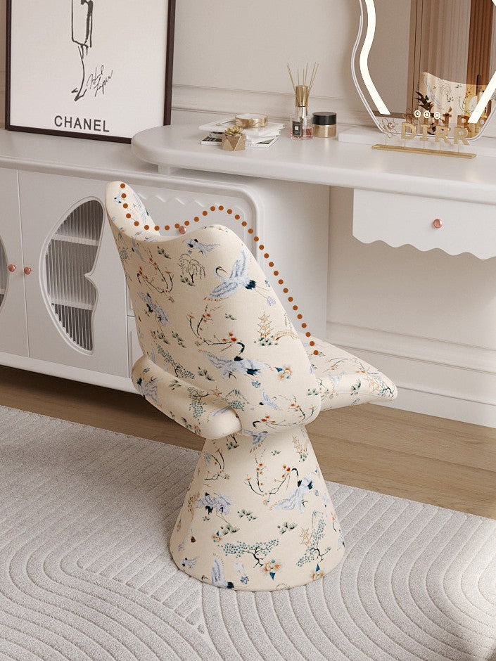 Ivory Crane Print 360-Degree Swivel Vanity Chair with Backrest
