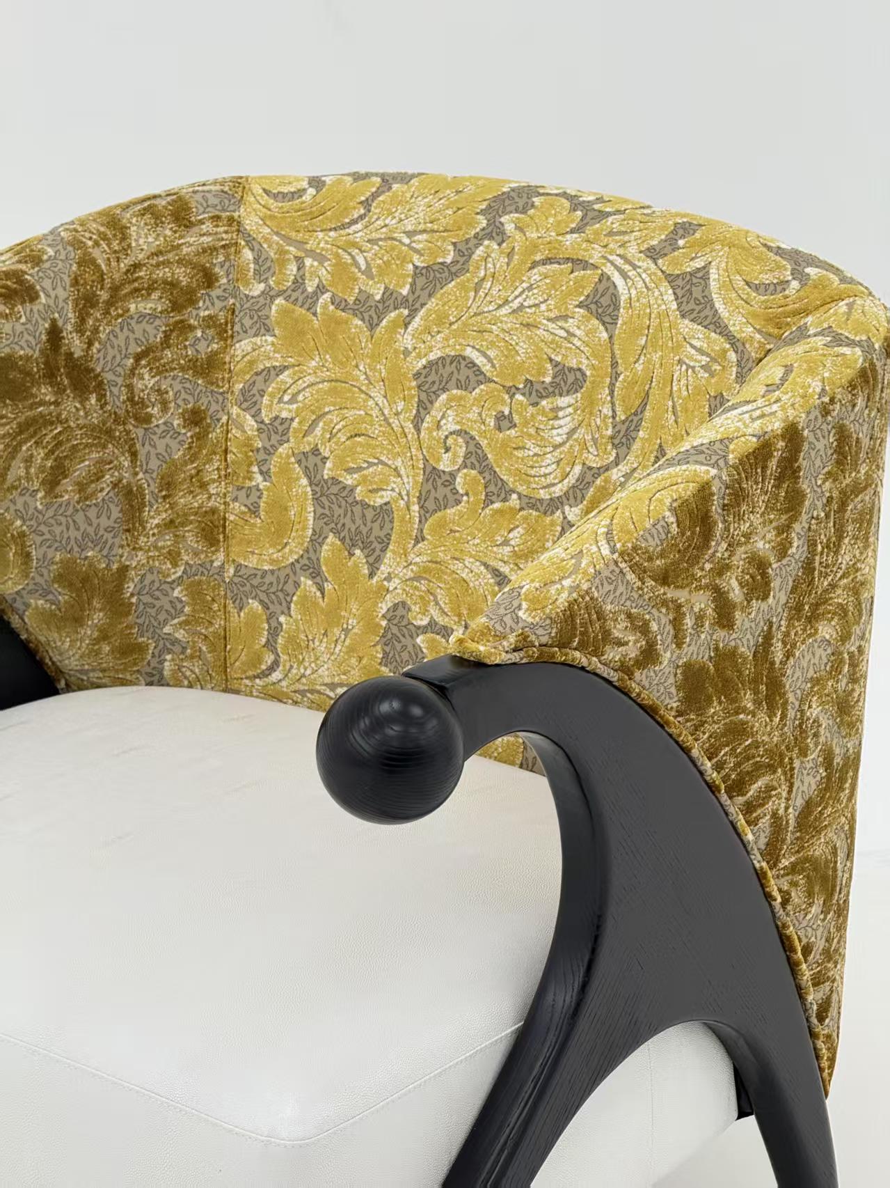 Black Solid Wood Accent Chair with Ivory Upholstered Seat, Gold Floral Patterned Barrel Back and Sculptural Curved Arms, French-Inspired Lounge Armchair for Living Room, Bedroom, Reading Nook and Office