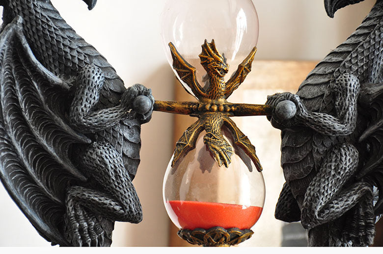 Gothic Double Dragon Hourglass Statue, Black Fantasy Dragon Sand Timer with Red Sand, Medieval Desk Decor Figurine for Office, Bookshelf, Study, Living Room, Gaming Room, Collector Gift