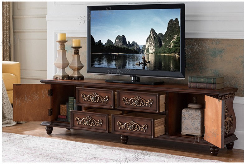 Solid Wood TV Stand with 6 Drawers & 2 Cabinets, Traditional Carved Entertainment Center, Walnut Finish Media Console Cabinet for TVs Up to 80 Inch, Living Room Storage Console