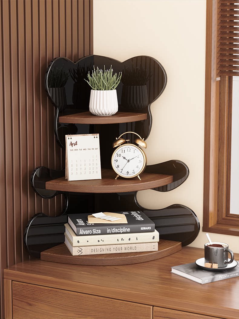 Walnut 3-Tier Corner Storage Shelf, Bear Display Rack, Countertop