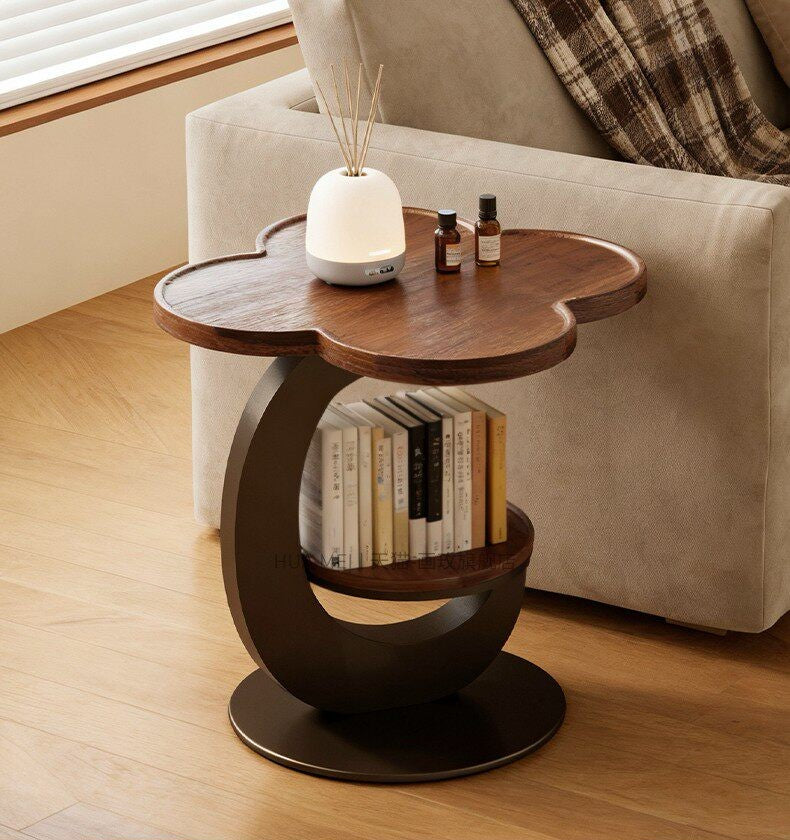 Clover Side Table with Shelf, Walnut Top, Black Base, 18.3 x 23.6 In