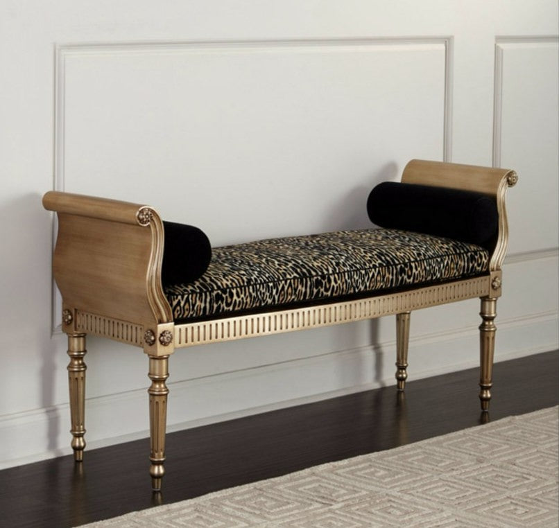 Animal Print End of Bed Bench, French Style Upholstered Bedroom Bench with Bolster Pillows, Distressed Gold Solid Wood Entryway Shoe Bench, Vanity Bench, Living Room Accent Bench