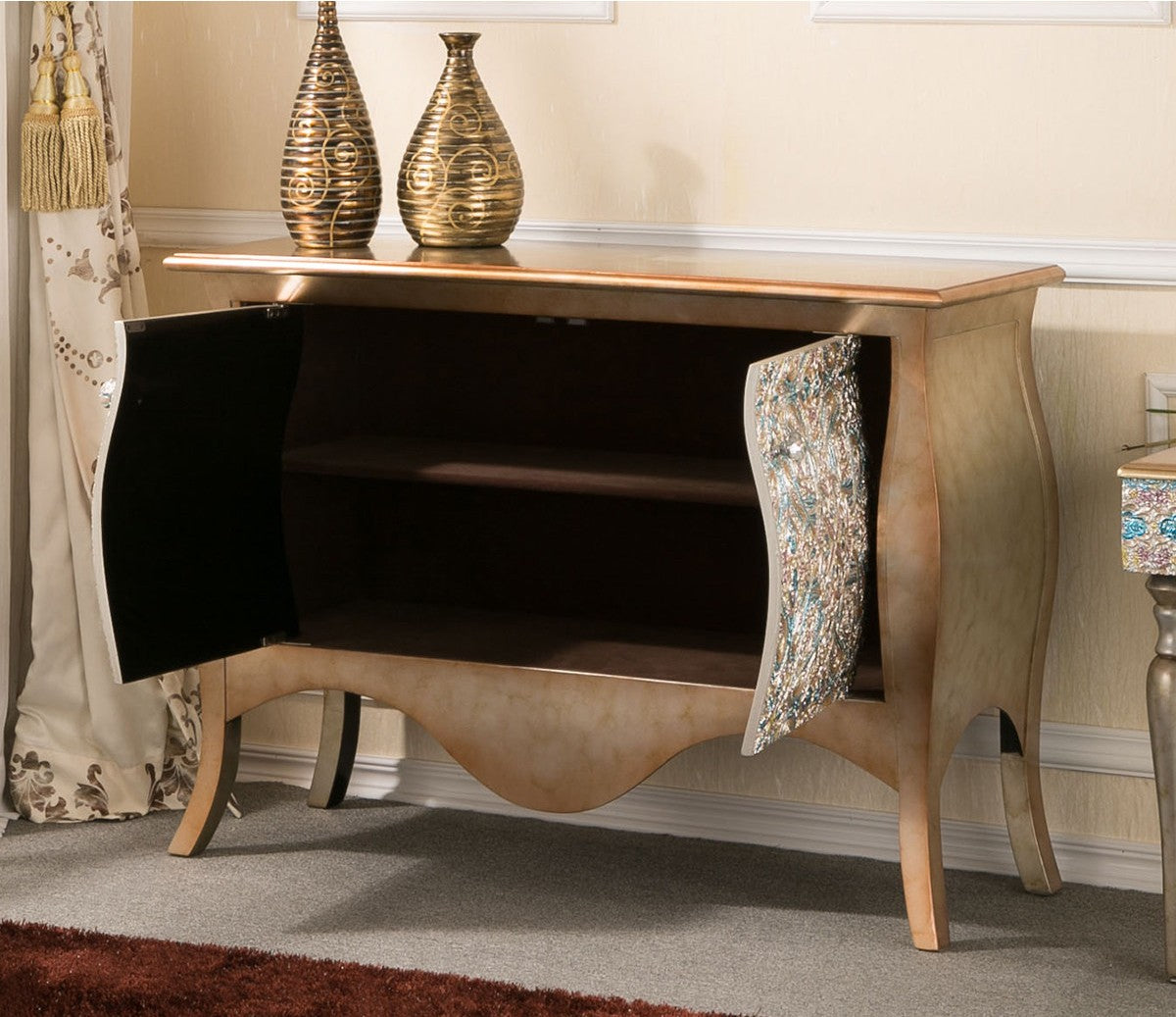 Vintage 6 Drawer Dresser with Gold Floral Front, Wooden Storage Chest, Luxury Sideboard Cabinet, Entryway Console, Bedroom Chest of Drawers, Fully Assembled