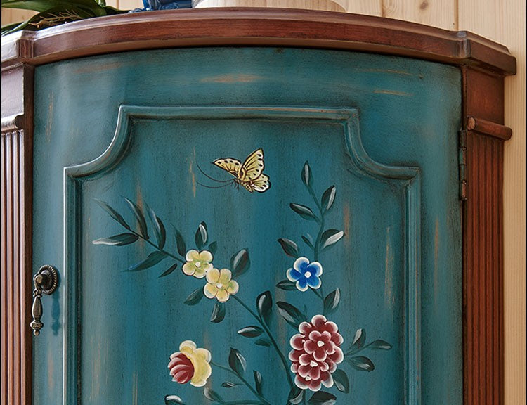 Brown and Blue Solid Wood Half Round Accent Cabinet, Painted Floral 2-Door Entryway Storage Cabinet with Curved Front for Living Room, Hallway, Foyer or Bedroom