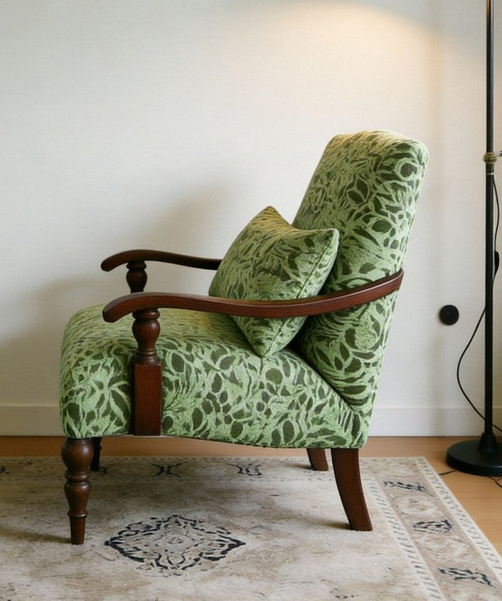 Green Chenille Accent Chair with Solid Wood Frame and Arms