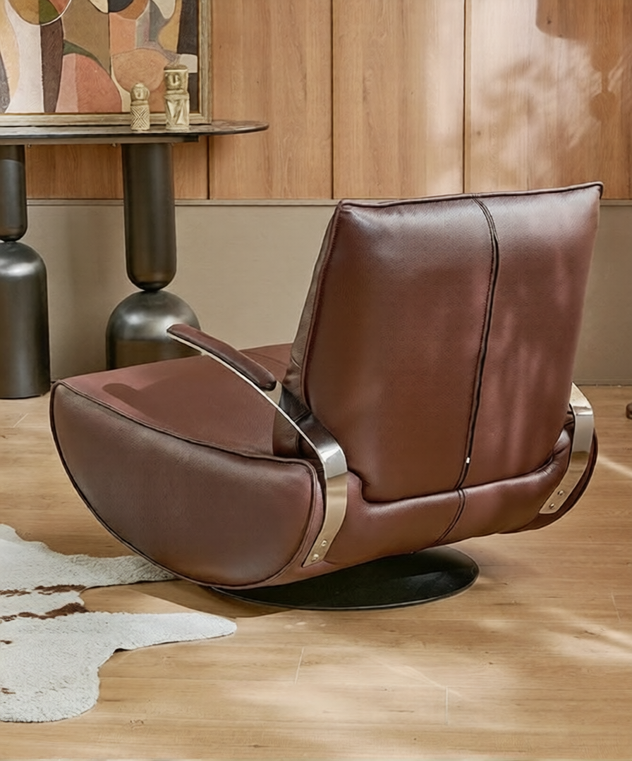 Brown Faux Leather Swivel Lounge Chair, Modern Upholstered Recliner Accent Chair with Metal Base for Living Room, Bedroom, Balcony and Reading Corner