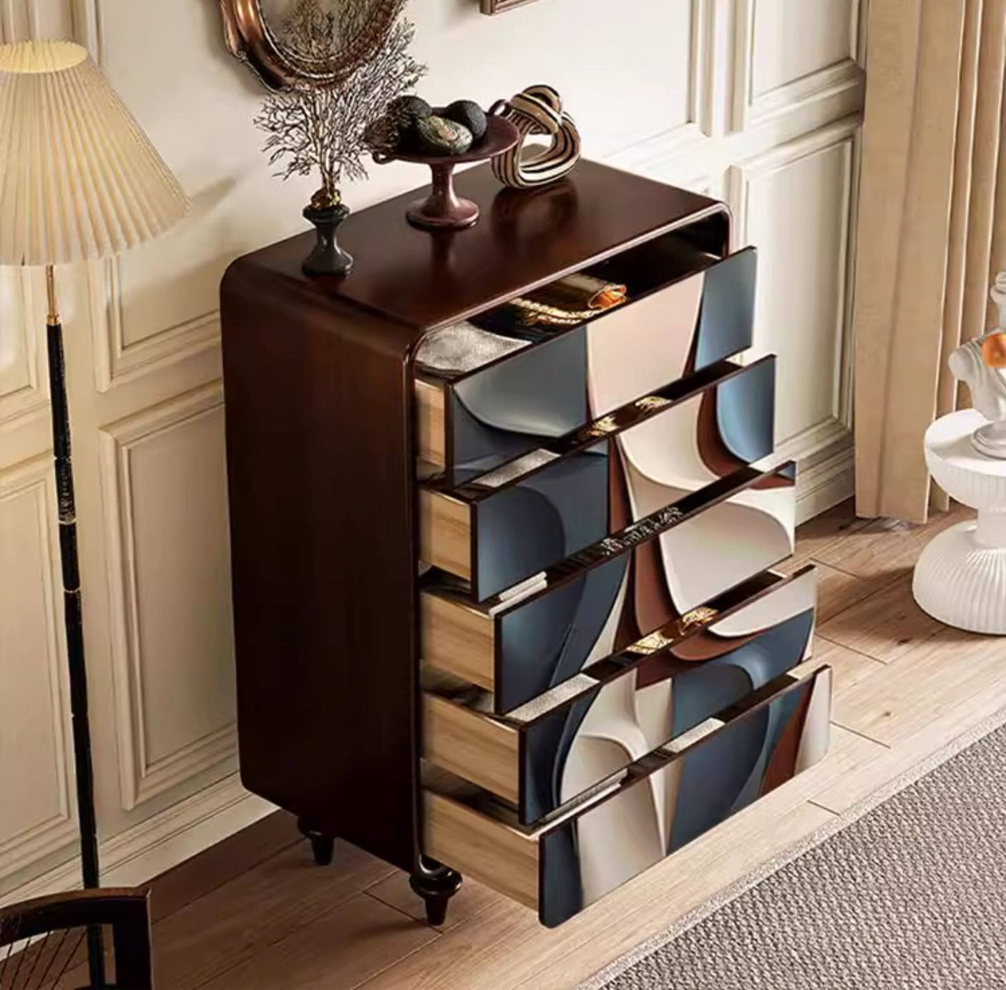 Solid Pine 5-Drawer Dresser, Mid-Century Modern Abstract Chest of Drawers for Bedroom, Living Room & Entryway