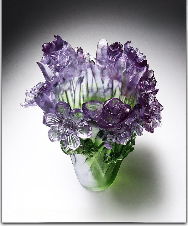 Purple Art Glass Daffodil Vase with Sculpted Flowers, Green Decorative Vase